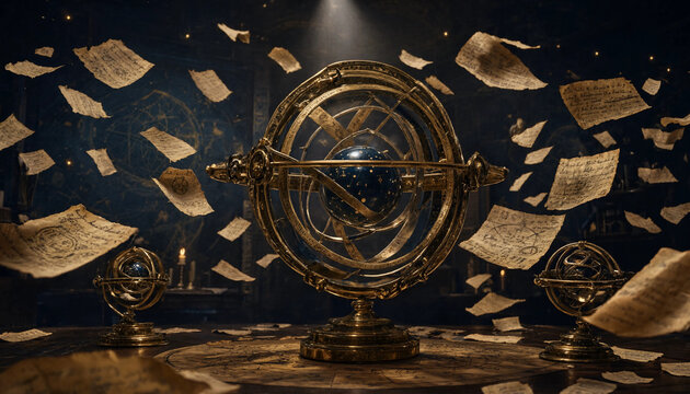Antique brass armillary sphere standing on a wooden table surrounded by floating vintage parchment papers in a dark library