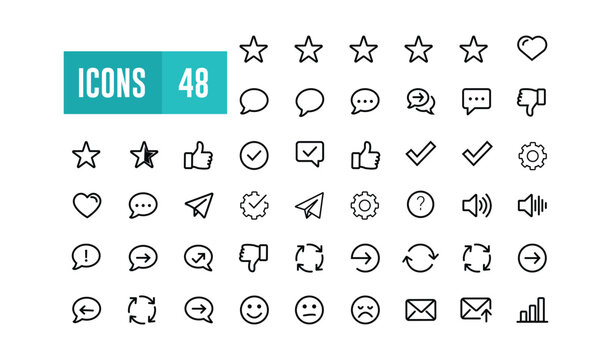 Collection of various black line icons on for user interface design and communication vector