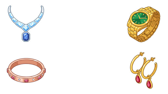 Luxury jewelry collection with gold watch and diamond necklace, set of 4 elegant fashion accessories, premium gold and gemstone jewelry icons isolated PNG with Transparent Background