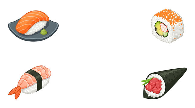 Japanese sushi set with salmon nigiri, california roll, shrimp ebi and tuna temaki, traditional asian seafood collection, fresh fish and rice isolated PNG with Transparent Background