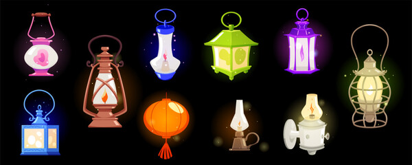 Naklejka premium Vintage magic lanterns with burning candle and sparkles vector set, colorful antique holder candlestick, medieval lamps