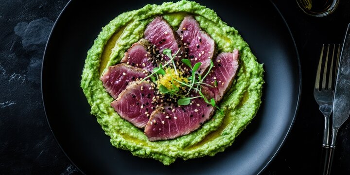 Close-up of sliced seared tuna atop green puree, garnished on a black plate