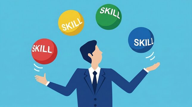 Businessman juggling multiple skill balls, professional multitasking and talent management concept.