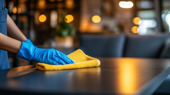 Sanitizing Surface: A person wearing blue gloves meticulously wipes down a dark tabletop with a yellow cloth, ensuring cleanliness and hygiene in an indoor setting.