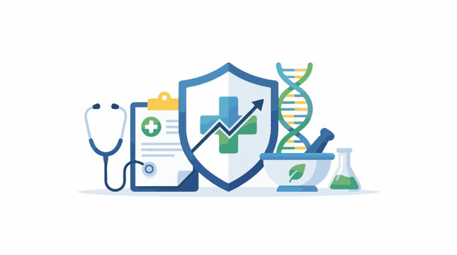 A collection of medical symbols, including a shield with a cross and a DNA double helix
