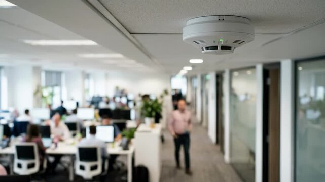 Office corridor featuring smart IoT devices tracking smoke levels main sensor sharply focused while desks and employees remain out of focus.