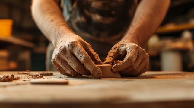 Crafting Wood: Close-up on a craftsman's hands meticulously shaping a wooden piece, showcasing the texture of wood and the precision of the craft.