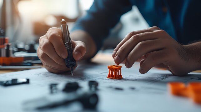 3D Printed Creation: A close-up shot captures a craftsman meticulously working on a 3D-printed object, highlighting the intricate details and the precision of modern manufacturing techniques.