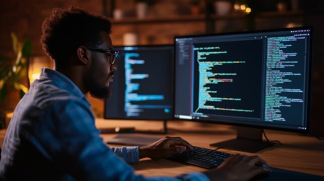 Code in the Dark: A skilled coder immerses himself in lines of complex code displayed on dual monitors, working diligently in a dimly lit office environment.