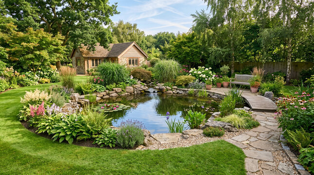 Landscaped garden pond with stone path and flowering plants