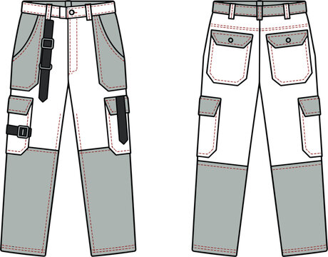 Cargo work pants technical blueprint, front and back views with utility pockets belt straps stitching