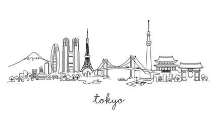 Naklejka premium Minimalist Line Drawing of Tokyo Skyline Featuring Iconic Landmarks and Urban Elements