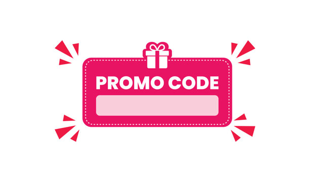 Pink promo code label with white text and gift icon on vector