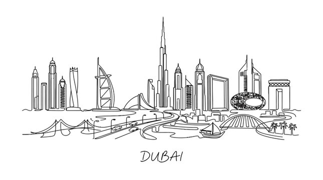 Minimalist Line Drawing Illustration of Dubai Skyline Featuring Iconic Skyscrapers and City Landmarks