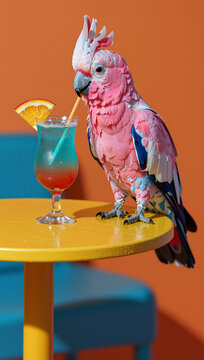 Pink parrot next to a colorful tropical drink on a table.
