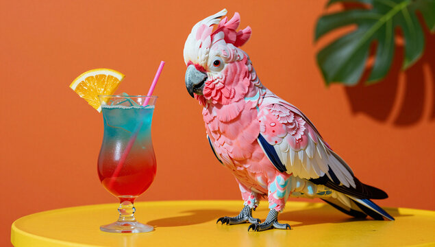 Pink parrot next to a colorful tropical drink.
