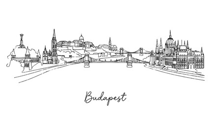 Fototapeta premium Elegant minimalist line drawing capturing Budapest's iconic skyline and historic architecture in monochrome simplicity
