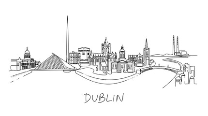 Naklejka premium Minimalist line art illustration of Dublin city skyline showcasing iconic landmarks and urban features in a sleek design