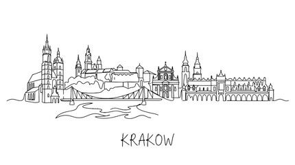 Obraz premium Minimalist Line Art Illustration of Krakow Cityscape Highlighting Architectural Landmarks and Iconic Structures
