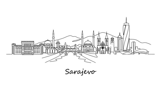 Minimalist Line Art Illustration of Sarajevo's Iconic Skyline Featuring Diverse Architectural Landmarks and Cityscape Elements