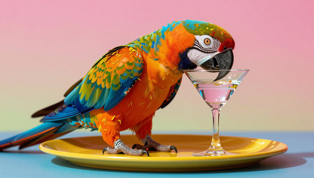 Colorful parrot sips a drink on a yellow plate.