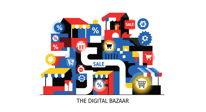 A colorful abstract composition features multiple digital marketplace stalls with geometric roofs alongside various floating shopping cart and percentage discount icons.