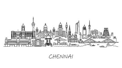 Obraz premium Minimalist line art illustration of Chennai skyline showcasing iconic buildings and structural diversity
