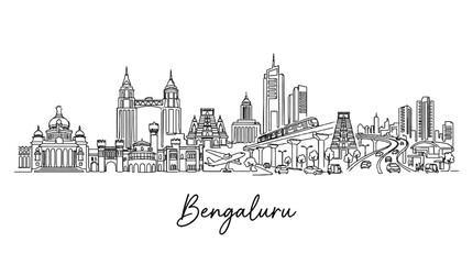 Naklejka premium Minimalistic Black and White Line Drawing of Bangalore City Skyline Featuring Iconic Buildings and Urban Landscape