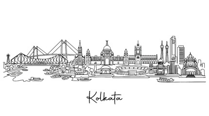 Obraz premium Minimalist Line Drawing of Kolkata Skyline Featuring Iconic Landmarks and Cityscape Aesthetic