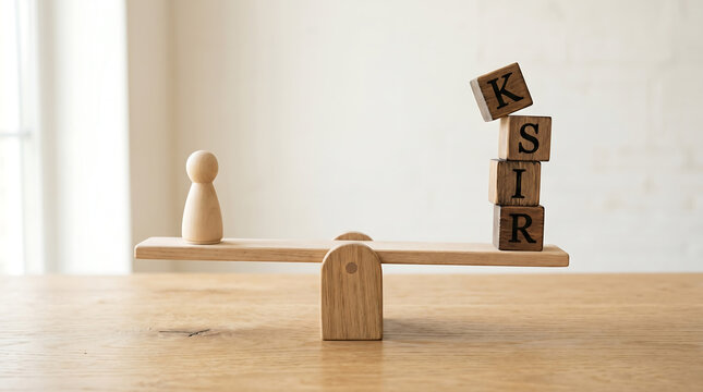 Wooden figurine balancing on a seesaw with unstable stacked letter blocks representing corporate financial risk management