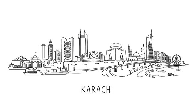 Stylized linear sketch of Karachi city skyline featuring iconic buildings and waterfront scenery in minimal black outline style
