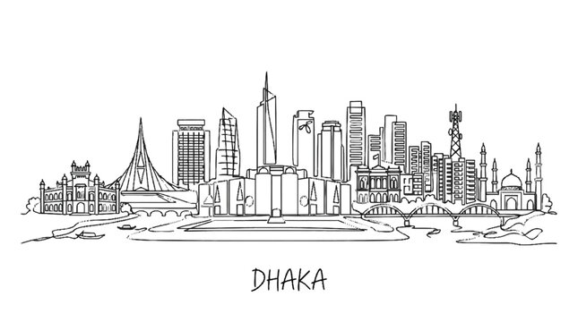 Minimalist line art illustration of Dhaka city skyline showcasing diverse architectural styles and iconic structures