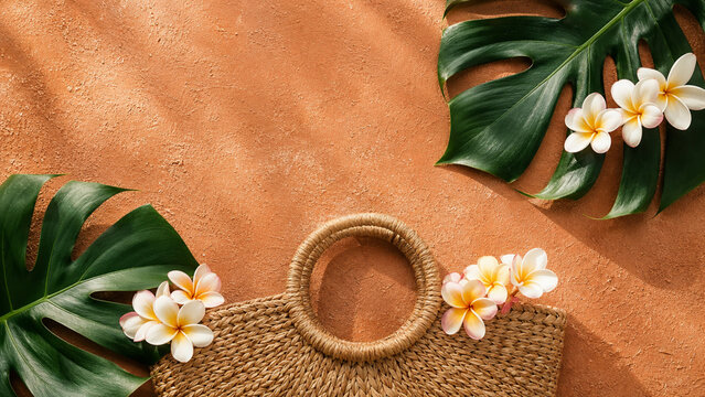 Tropical Summer Flat Lay with Straw Bag Monstera Leaves and Plumeria Flowers on Terracotta
