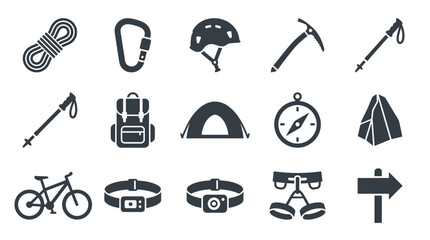 Fototapeta premium Includes: climbing rope, carabiner, climbing helmet, ice axe, trekking pole, hiking backpack, tent, compass, mountain bike, headlamp, harness, trail marker.