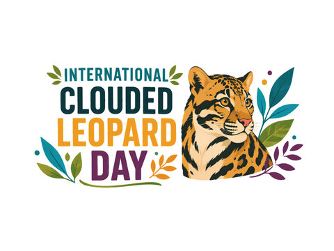 International Clouded Leopard Day colorful typography design with clouded leopard portrait and tropical botanical elements vector illustration