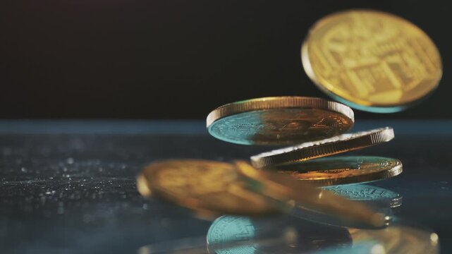 Golden bitcoins tumbling and stacking on reflective surface in slow motion.