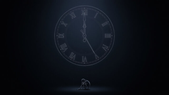 Person kneeling under large clock in dark room with blue glow trending high quality