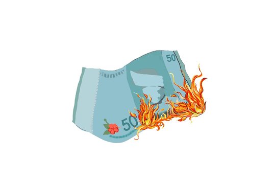 Hand drawn burning RM50 Malaysian ringgit banknote, financial crisis, debt illustration, Malaysian money burning, bankruptcy concept
