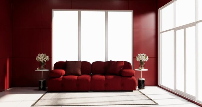 Red Living room with red wall and modern sofa on tiles floor.3D rendering
