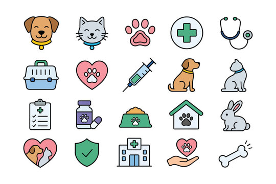 Pet care and veterinarian icon set as vector illustrations with puppy and kitten graphics 