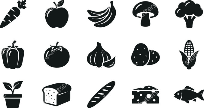 Fresh Grocery Shopping Food and Organic Ingredients Solid Glyph Icon Set Featuring Fruits Vegetables Bread Cheese and Fish Symbols for Menu Designs