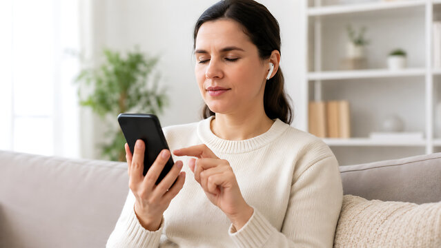 Woman Using Smartphone Accessibility Features at Home