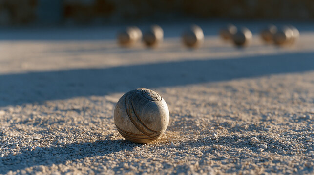 p&eacute;tanque cochonnet jack resting alone on gravel in foreground with circle of boules surrounding it, late afternoon shadow stretching across dusty village court, single object