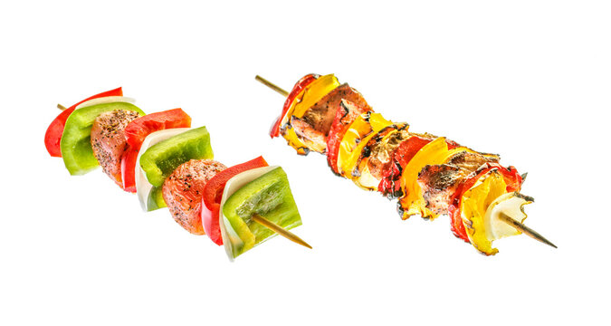 buntes Grillspiesschen roh und gegrillt