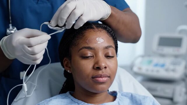 Young female patient facial procedure clinic with doctor and nurse, gentle medic skin treatment and forehead cleansing exam hospital bed