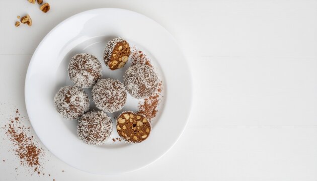 No-bake peanut butter protein balls with coconut and dates on white. Ample copy space for energy snack branding, gym nutrition, and healthy dessert menus.