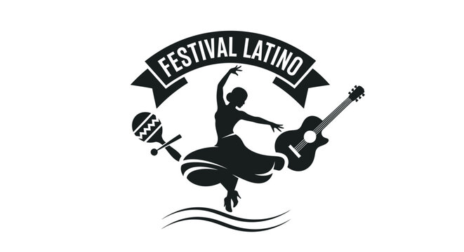 Latino festival emblem with dancing woman guitar and maracas.