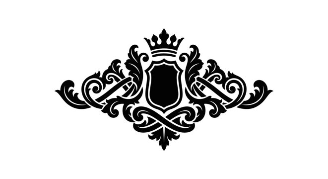Elegant Black Heraldic Shield Emblem with Royal Crown and Ornate Floral Scrollwork.