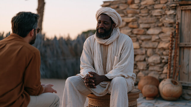 Senegalese griot seated on a ceremonial stool at dusk reciting genealogical oral histories into archival recording equipment held by a university ethnographer, calabash