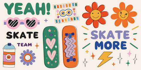 Retro skateboard illustration with flowers text and decorative elements © Provhash